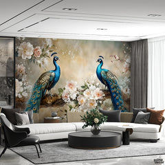Exotic Peacocks Sitting on Floral Tree Branch | Floral Wallpaper Mural