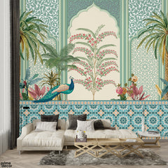 Majestic Peacock & Palm Trees With Teal Moroccan Arches | Exotic Botanical Wallpaper Mural