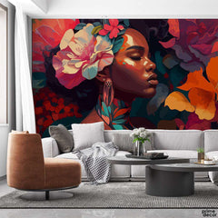 African Woman With Floral Headband On Painting Style Background | Fashion Wallpaper Mural - Prime Décor