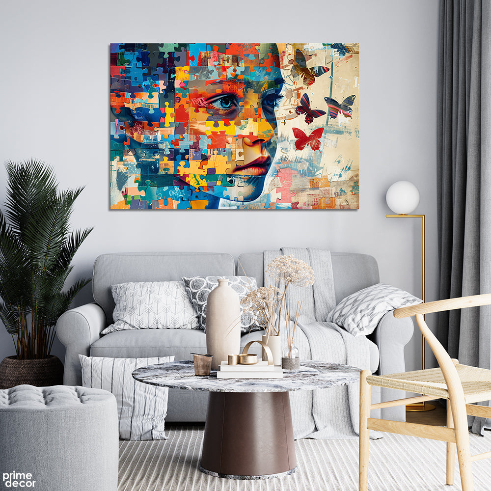 Puzzle Blocks Kid With Butterflies And Abstract Strokes (Single Panel) Digital Painting Wall Art - Prime Décor