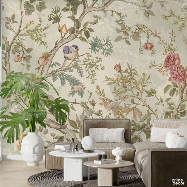 Abstract Colorful Flowers With Birds | Floral Wallpaper Mural
