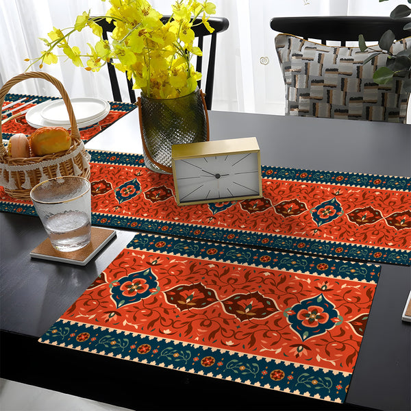 Navy & Persian Orange Native Floral Pattern | Table Runner and Placemat Set