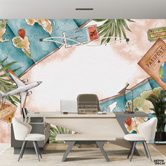Watercolor Travel Map & Passport Illustrations | Office Wallpaper Mural - Prime Décor