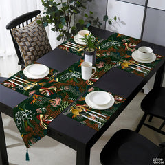 Mineral Green & Sepia Tropical Leaves Line Art Style | Table Runner and Placemat Set