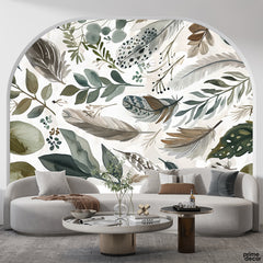 Watercolor Feathers & Exotic Leaves | Floral Wallpaper Mural - Prime Décor