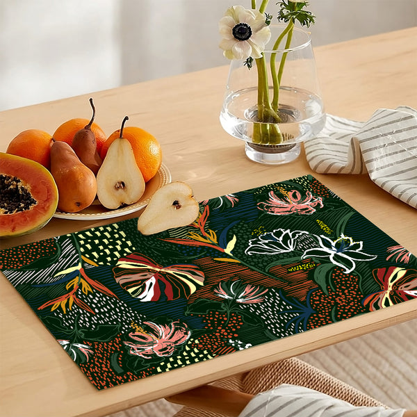 Mineral Green & Sepia Tropical Leaves Line Art Style | Table Runner and Placemat Set