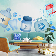 Watercolor Hospital Essentials Light Blue | Office Wallpaper Mural - Prime Décor