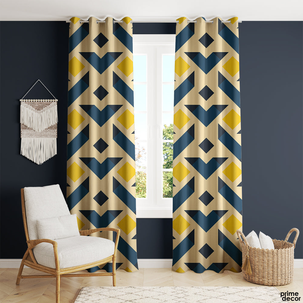 Blue & Yellow Hexagonal Pattern | Abstract Curtains #105 - Prime Décor