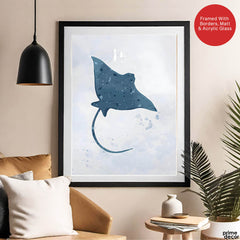 Blue Stingray Fish Over Silver Background | Abstract Animal Artwork #00105 - Prime Décor