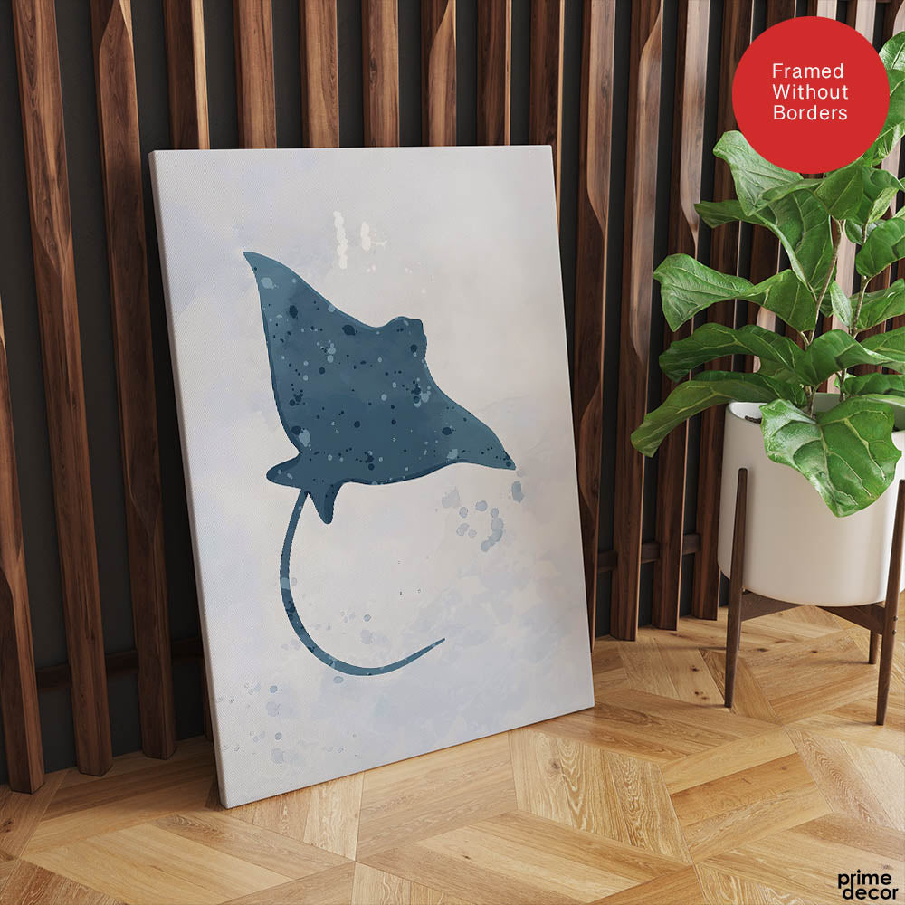Blue Stingray Fish Over Silver Background | Abstract Animal Artwork #00105 - Prime Décor