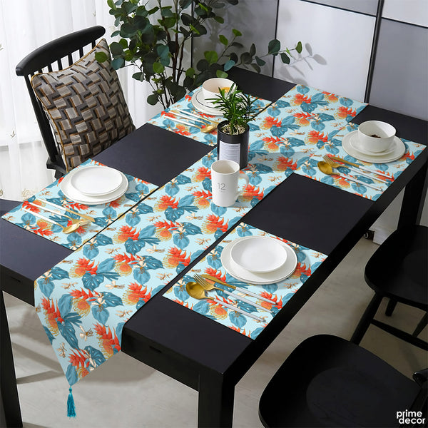 Blue Tropical Monstera Leaves With Deep Orange Flower Buds | Table Runner and Placemat Set