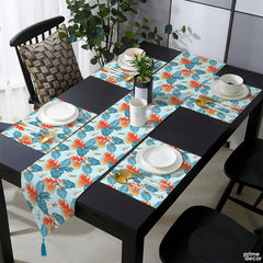 Blue Tropical Monstera Leaves With Deep Orange Flower Buds | Table Runner and Placemat Set