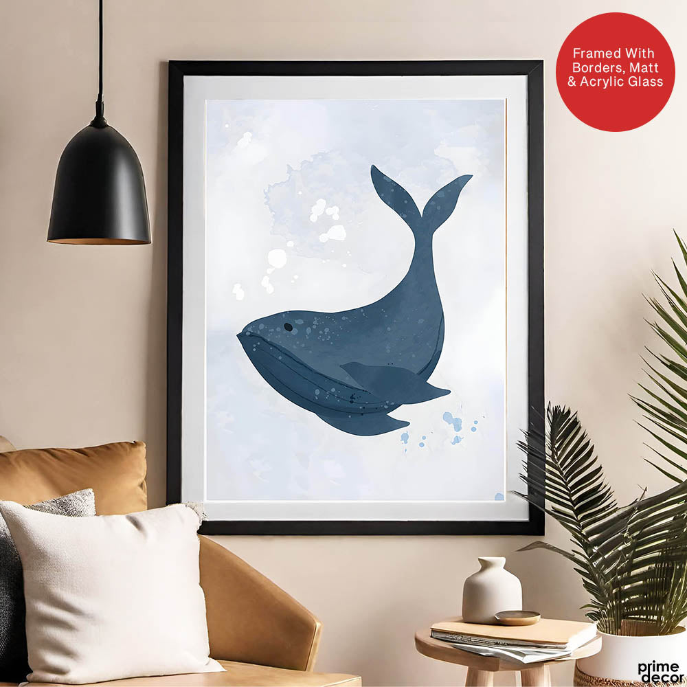 Blue Whale Over Silver Background | Abstract Animal Artwork #00106 - Prime Décor