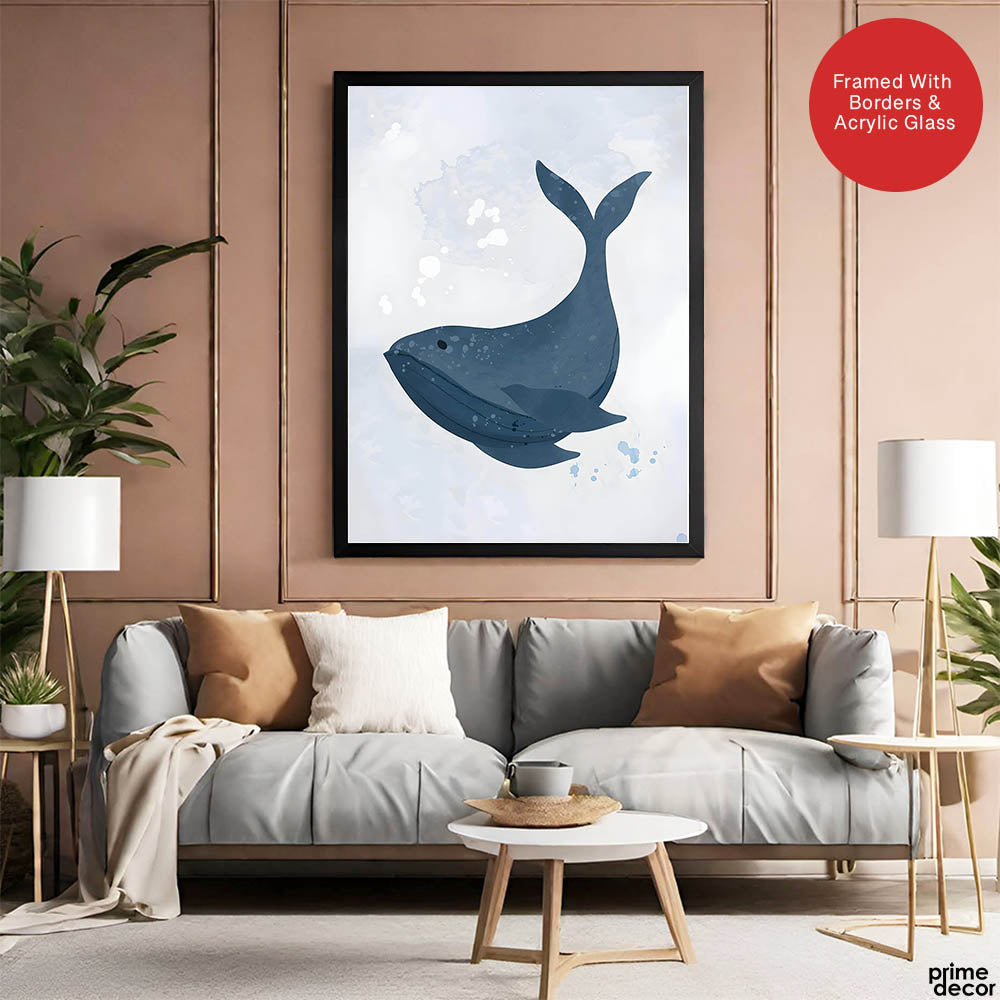 Blue Whale Over Silver Background | Abstract Animal Artwork #00106 - Prime Décor