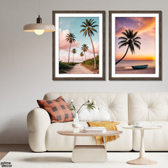 Palm Trees Over The Beach With Dreamy Sunset (2 Panel) Nature Wall Art