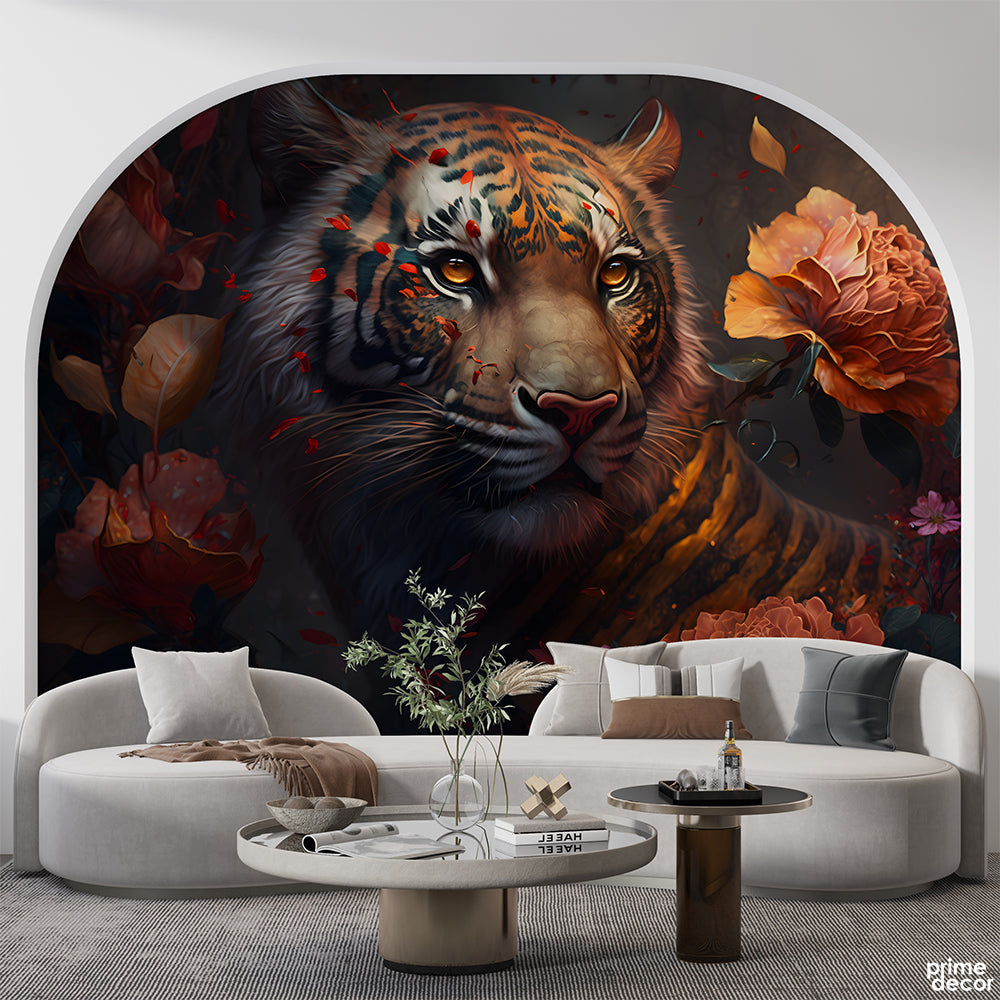 Gruesome Tiger With Rose Flower Buds | Animal Wallpaper Mural - Prime Décor