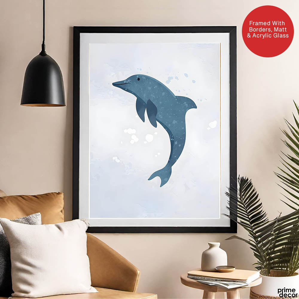Blue Dolphin Over Silver Background | Abstract Animal Artwork #00107 - Prime Décor