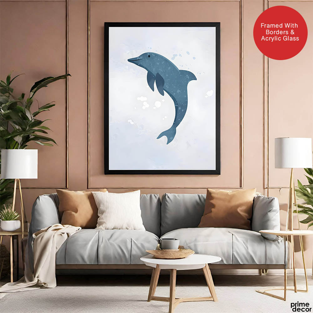 Blue Dolphin Over Silver Background | Abstract Animal Artwork #00107 - Prime Décor