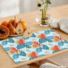 Blue Tropical Monstera Leaves With Deep Orange Flower Buds | Table Runner and Placemat Set
