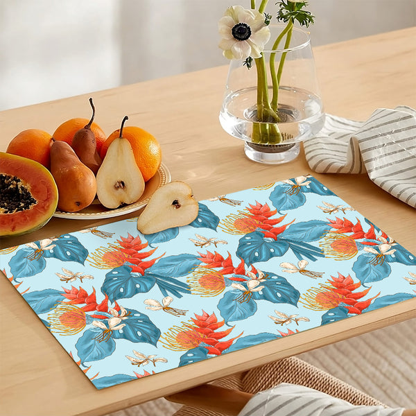 Blue Tropical Monstera Leaves With Deep Orange Flower Buds | Table Runner and Placemat Set