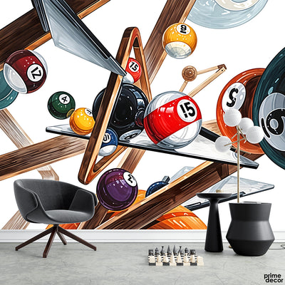 Billiard Balls With Wooden Racks Floating In Air | Sports Wallpaper Mural - Prime Décor
