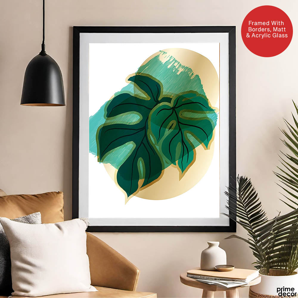 Green Tropical Leaves Over White & Hazel Background | Abstract Floral Artwork #00108 - Prime Décor