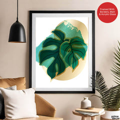 Green Tropical Leaves Over White & Hazel Background | Abstract Floral Artwork #00108 - Prime Décor