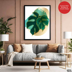 Green Tropical Leaves Over White & Hazel Background | Abstract Floral Artwork #00108 - Prime Décor