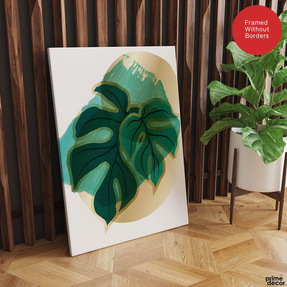 Green Tropical Leaves Over White & Hazel Background | Abstract Floral Artwork #00108 - Prime Décor