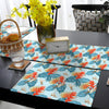 Blue Tropical Monstera Leaves With Deep Orange Flower Buds | Table Runner and Placemat Set