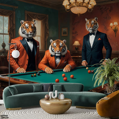 Tigers In Tuxedos Playing Snooker Art Style | Sports Wallpaper Mural - Prime Décor