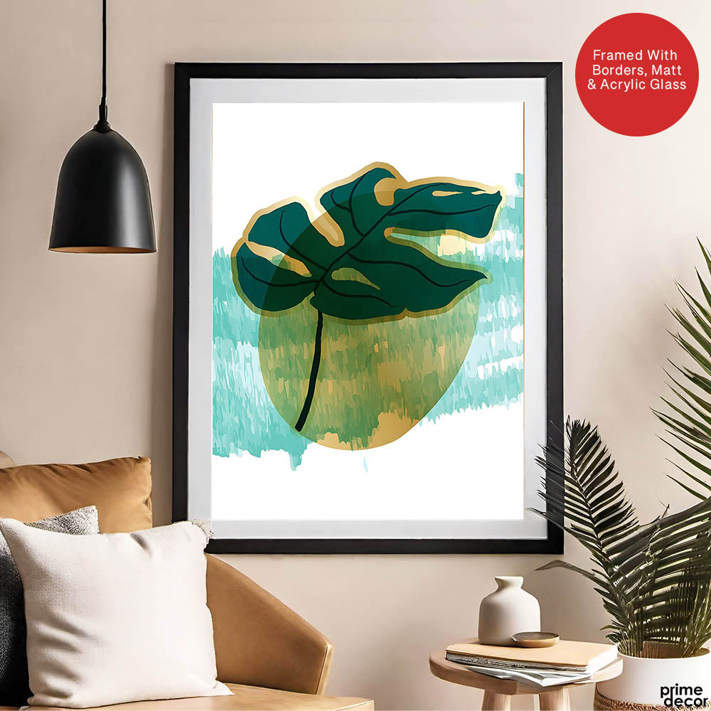 Green Tropical Leaves Over White & Hazel Blue Background | Abstract Floral Artwork #00109 - Prime Décor