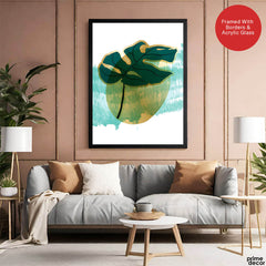 Green Tropical Leaves Over White & Hazel Blue Background | Abstract Floral Artwork #00109 - Prime Décor