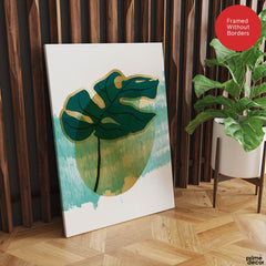 Green Tropical Leaves Over White & Hazel Blue Background | Abstract Floral Artwork #00109 - Prime Décor