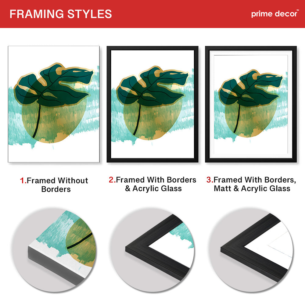 Green Tropical Leaves Over White & Hazel Blue Background | Abstract Floral Artwork #00109 - Prime Décor