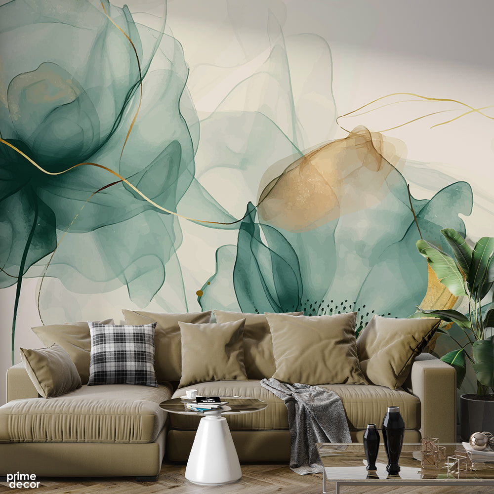 Gold & Green Painting Style Abstract Design | Abstract Wallpaper Mural - Prime Décor