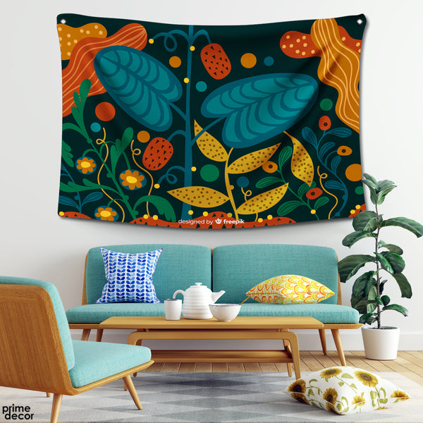 Green & Gold Floral Leaves Artwork | Floral Tapestry