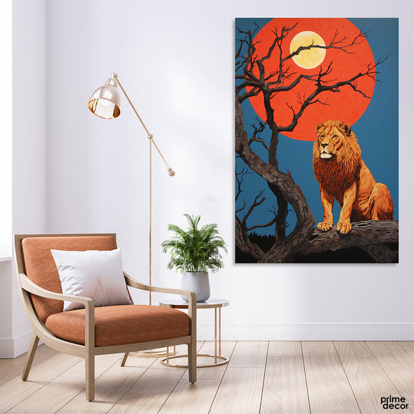 Abstract Lion Artwork Over Red Moon | Animal Poster Wall Art