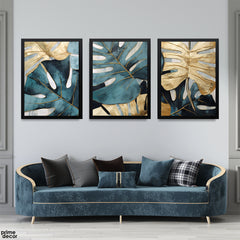Abstract Green & Gold Exotic Leaves (3 Panel) Floral Wall Art