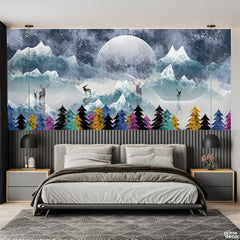 Abstract Snowy Mountains & Majestic Deer With Colorful Pine Forest | Modern Landscape Wallpaper Mural