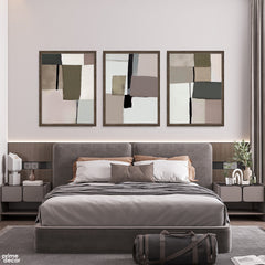 Sage, Taupe & Charcoal Minimalist Geometric Blocks (3 Panel) Contemporary Wall Art