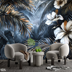Beautiful White Flowers With Blue Abstract Tropical Leaves | Floral Wallpaper Mural - Prime Décor