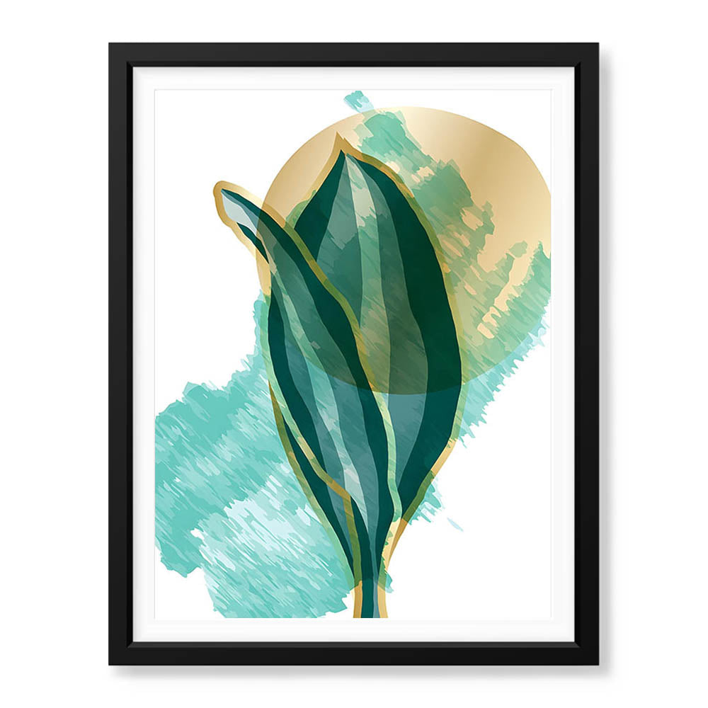 Green Tropical Leaves Over White & Hazel Blue Background | Abstract Floral Artwork #00110 - Prime Décor