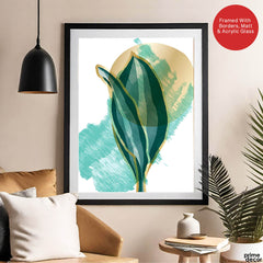 Green Tropical Leaves Over White & Hazel Blue Background | Abstract Floral Artwork #00110 - Prime Décor