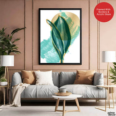 Green Tropical Leaves Over White & Hazel Blue Background | Abstract Floral Artwork #00110 - Prime Décor
