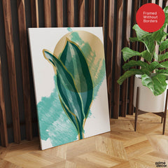 Green Tropical Leaves Over White & Hazel Blue Background | Abstract Floral Artwork #00110 - Prime Décor