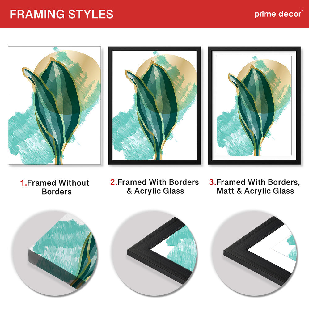 Green Tropical Leaves Over White & Hazel Blue Background | Abstract Floral Artwork #00110 - Prime Décor