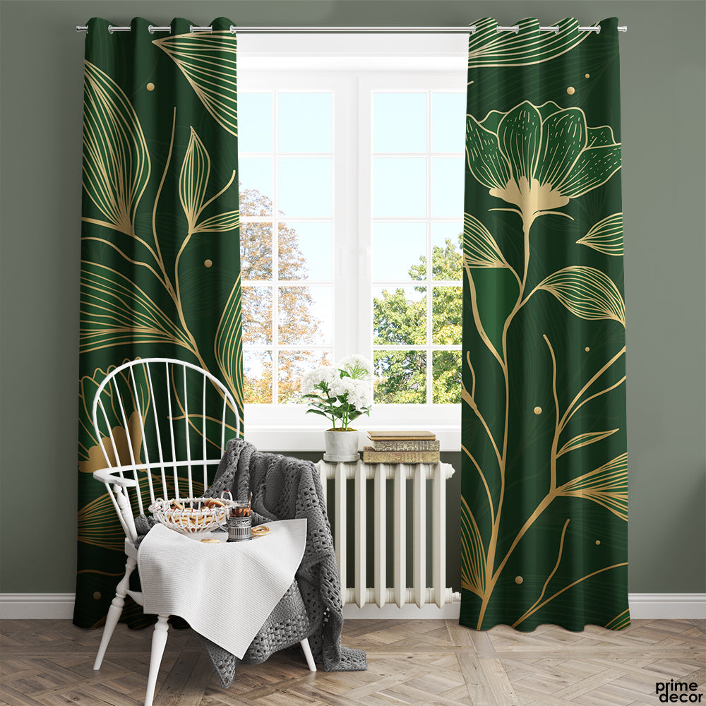 Golden Linear Tropical Leaves | Floral Curtains #111 - Prime Décor
