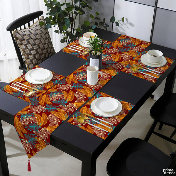 Pacific Blue & Rust Orange Tropical Leaves on Burgundy Background | Table Runner and Placemat Set