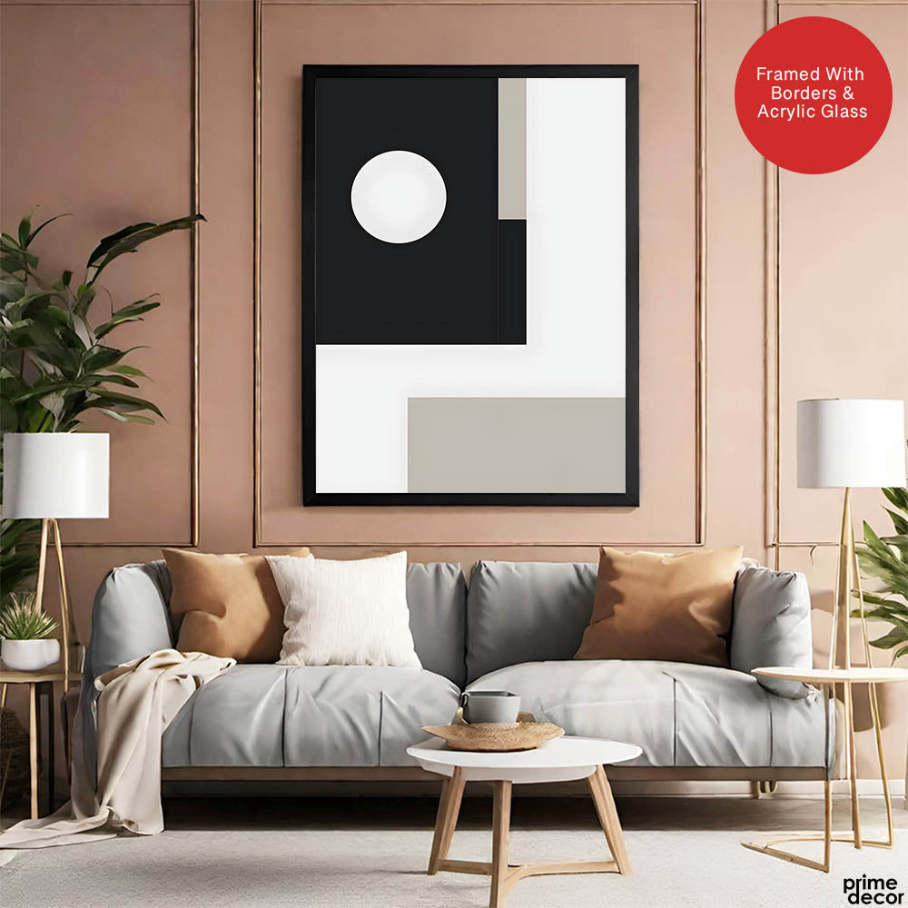 Beautiful Black & Grey Design With White Moon Shape | Abstract Office Artwork #00114 - Prime Décor